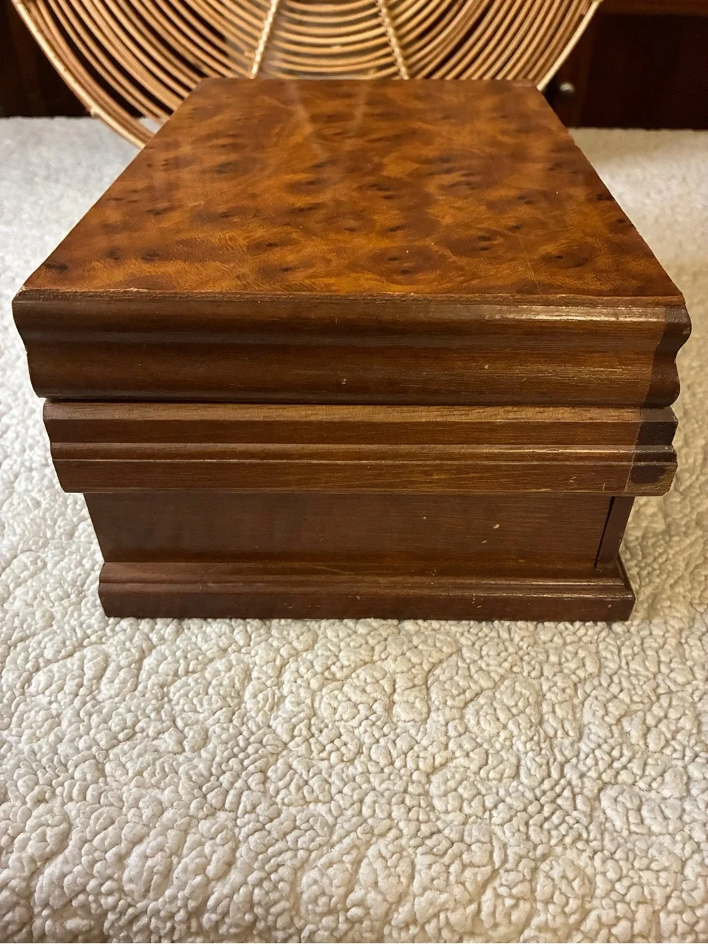 Vintage Style Burl Wood Jewelry Box Organizer Mirror Drawer Brass Hardware